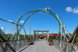 The Junker coaster makes a loop over the bridge leading to the entrance