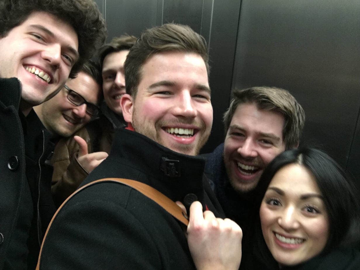 Silicon Valley crew in the elevator.